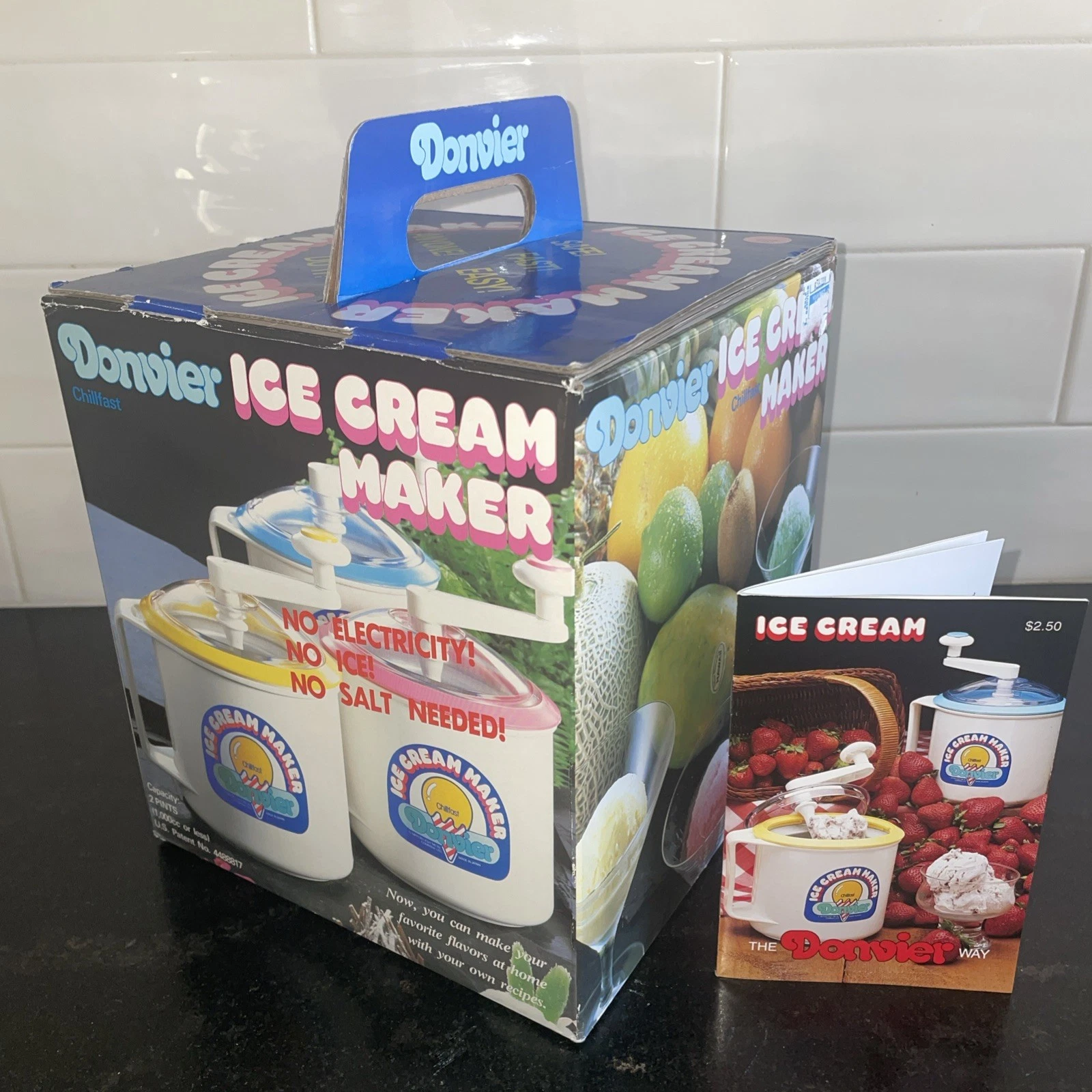 Vtg DONVIER Chillfast Ice Cream Maker~PINK~ 2 Pint with Box