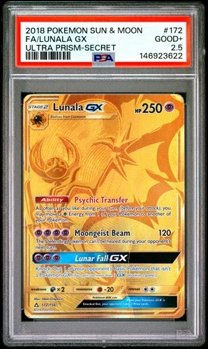2018 POKEMON SUN & MOON ULTRA PRISM SECRET #172 FULL ART/LUNALA GX PSA 2.5