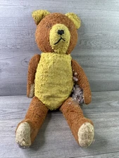 Vintage Brown Teddy Bear Yellow Tummy Jointed Needs TLC & Repairs Appx. 20" Tall