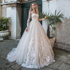 Classic Wedding Dress Illusion Long Sleeves Scoop Neck Bead Applique Bridal Gown
