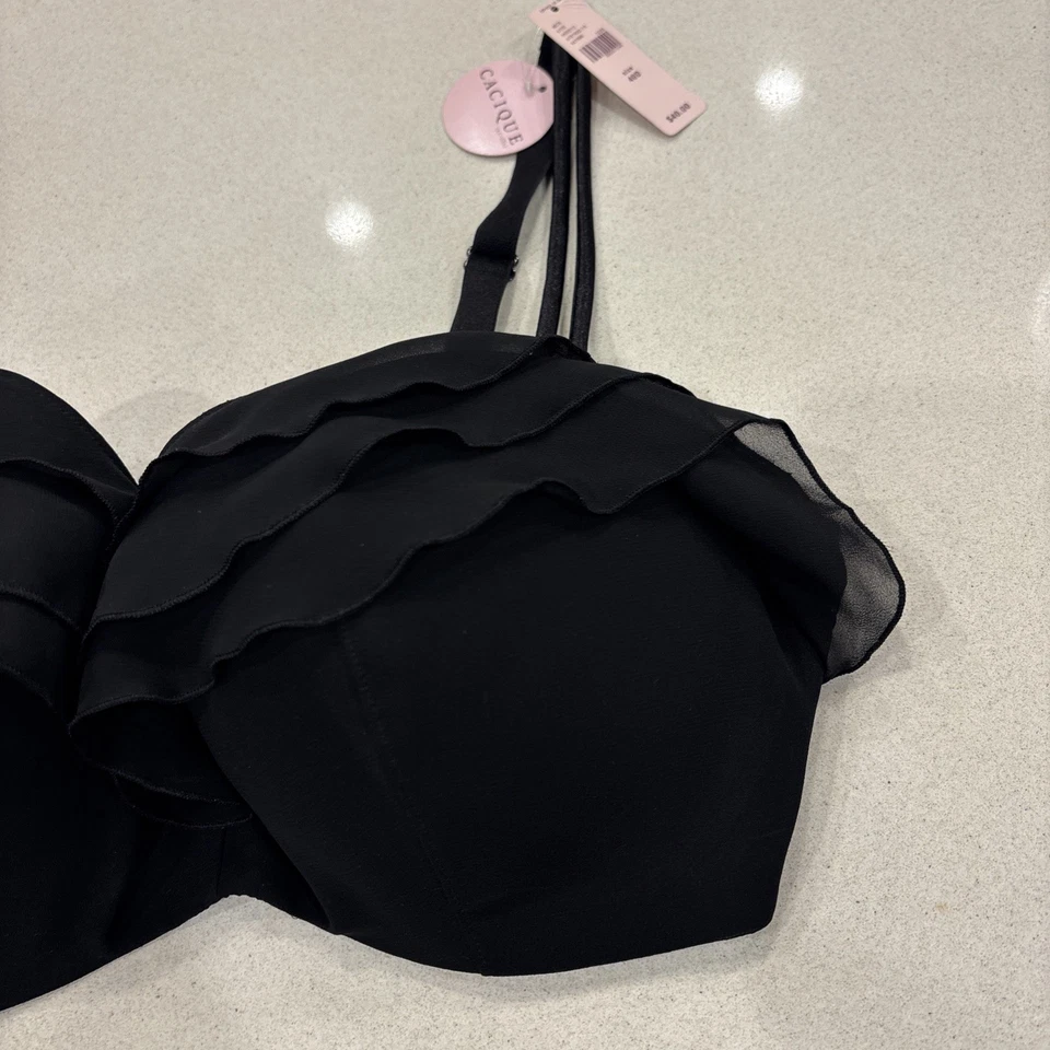 Sutiã feminino Cacique Bandeau tamanho 40D preto com babado em camadas ajustável - Imagem 3 de 4
