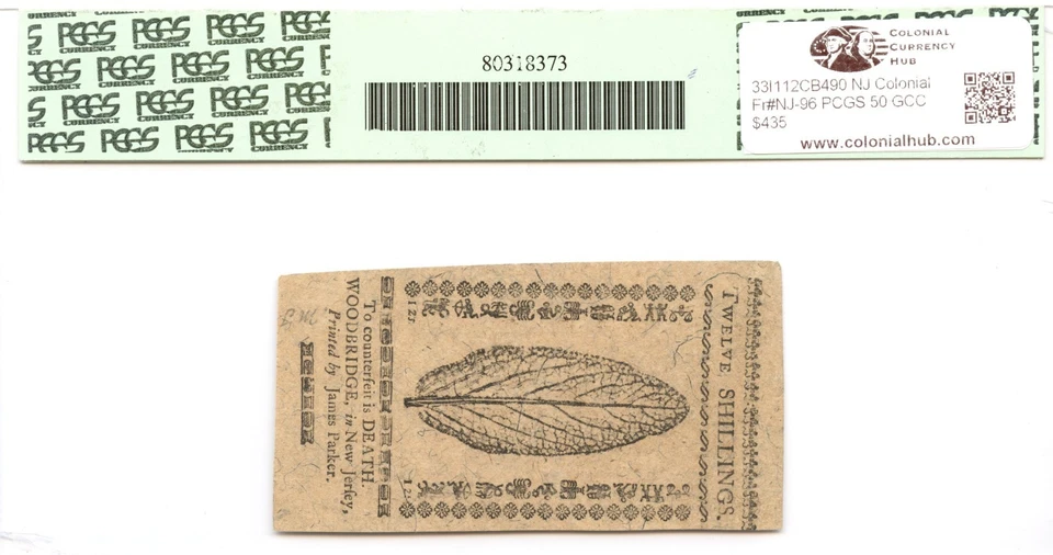 New Jersey Colonial Note Fr#NJ-96 June 22, 1756 12s PCGS AU-50 GCC Gold - Image 2 of 3