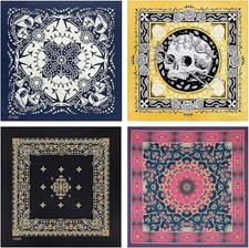 4-Pack 100 Cotton Bandana Set, Vintage Graphic Print, 22X22 Inches