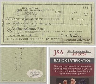 Roots Author Alex Haley Signed Autograph 1989 Personal Check JSA Cert - FREE S&H
