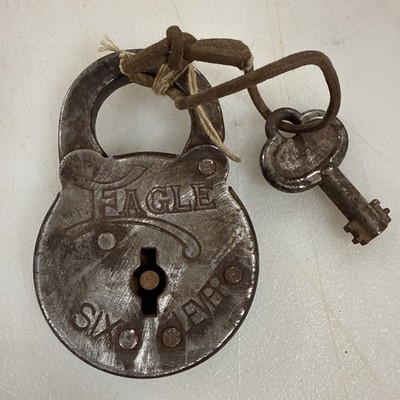 Antique Old Vintage Six Lever Eagle Padlock With Key Lock 3 