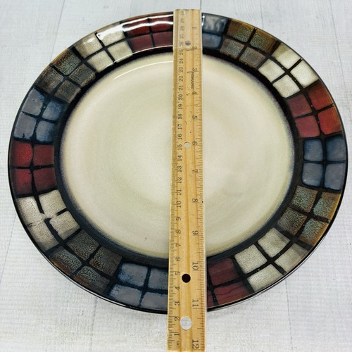 Pfaltzgraff CALICO Red Tan Mosaic Tile Block Cream Ceramic Dinner Plates Set 4 - Picture 11 of 18
