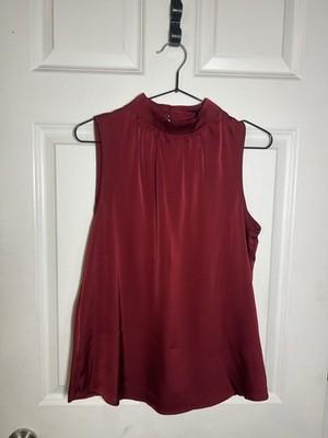 SHEIN Women's Satin Sleeveless Mock Neck Button Blouse Burgundy XS