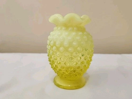 Fenton Vaseline Hobnail Yellow Opalescent Glass Bud Vase 1940s Vintage Antique
