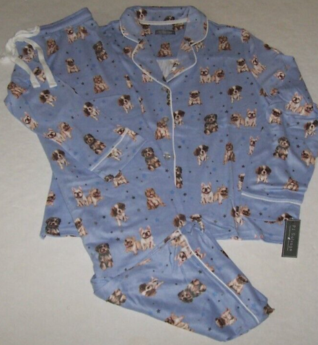 NWT PJ Salvage Periwinkle Blue/Gray/White PUPPY DOGS Peachy Knit Pajama Set M