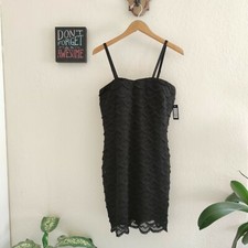 NWT Guess Ashley Tier Ruffle Dress Black Lace Sheath Silver Heart Zip Bra Sz 10