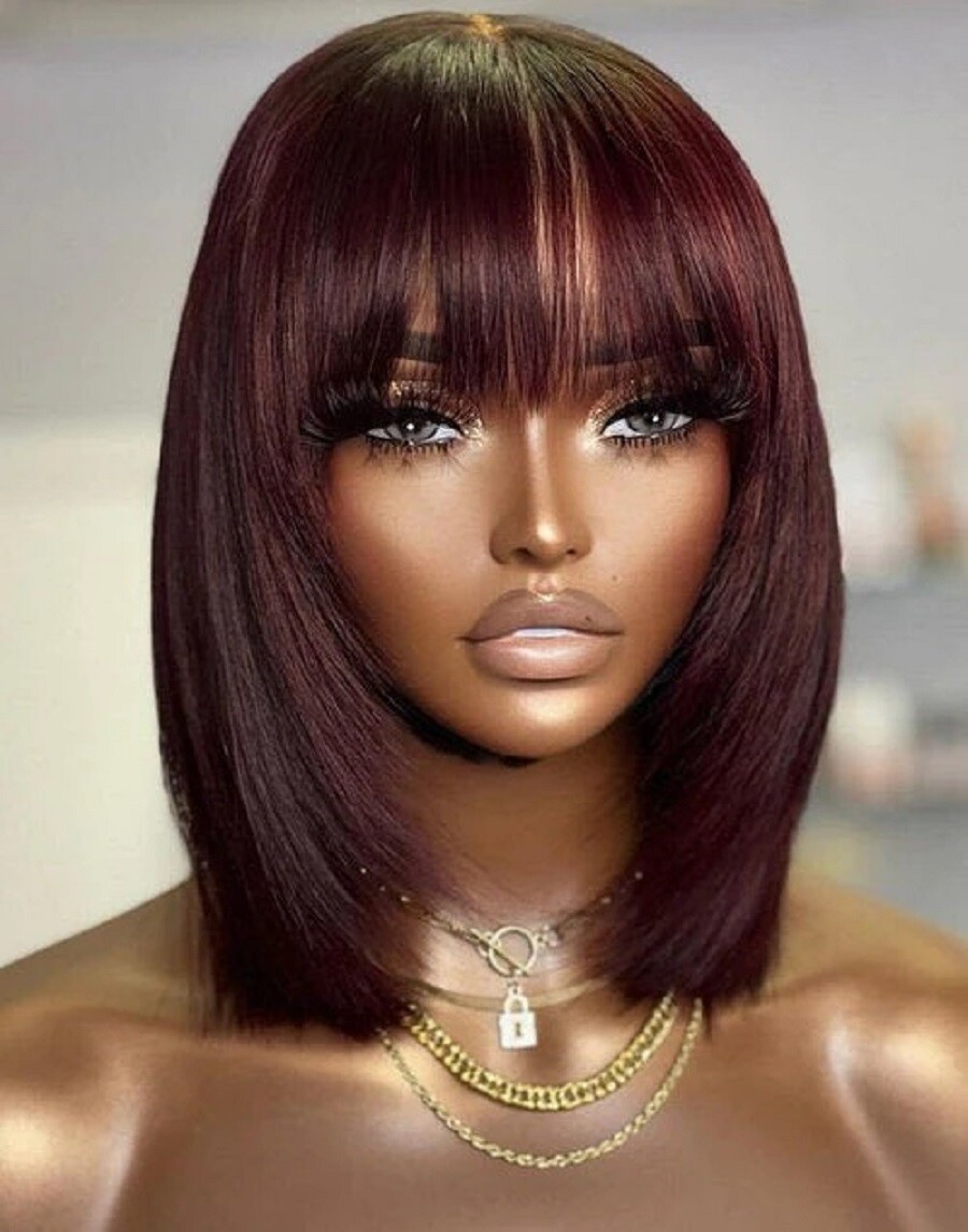 Burgundy Layer Cut Short Bob Wigs With Bangs No Glue Fringe 