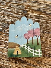 Hand Painted Wood Bees  Trees Fence Miniature
