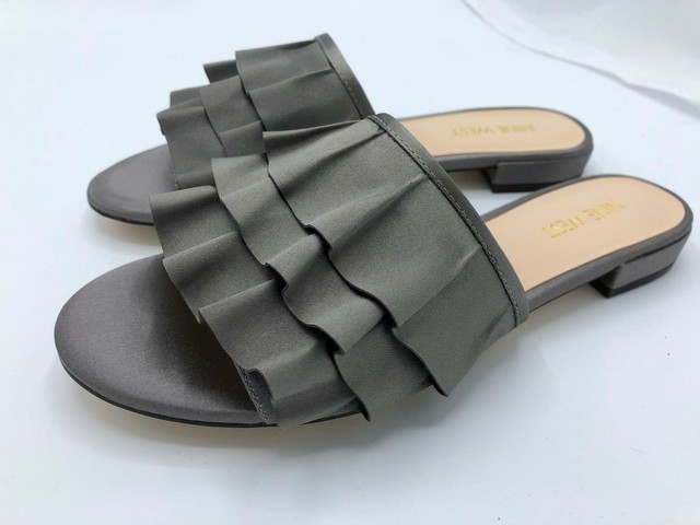 Nine West Ivarene Ruffled Slide Sandals (2104) Grey Satin Size 6.5M | eBay