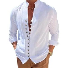 Men Henley Button Up Shirts Solid Linen Hippie Beach Collarless Long Sleeve Soft