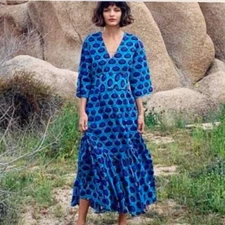 Rhode Resort Collection The Rose Blue Ikat Maxi Dress L Rare