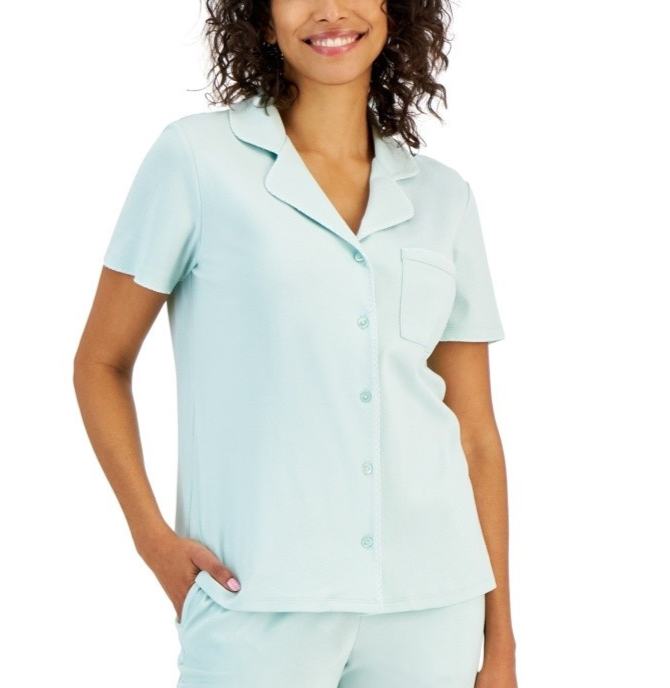 Charter Club Women's Notched-Collar PAJAMA TOP Fuzzy Green SMALL