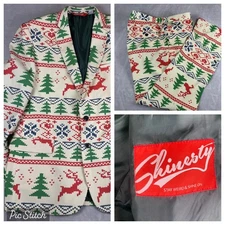 Shinesty Ugly Christmas Suit Jacket 48 Pants 36 Reindeer Tree Fair Isle Men