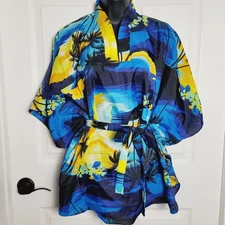 Helenas Kimono Top Womens One Size Blue Yellow Hawaiian Floral Beachwear USA