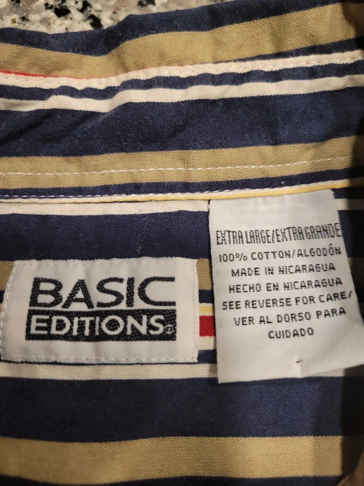 Basic Editions Shirt Mens XL Striped Short Sleeve Button Up Casual Navy Tan Red - Image 2 of 4