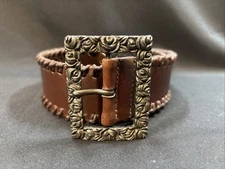 925 Silver Buckle With Leather Belt Nancy Heller  Made In Italy VTG