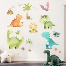 Dinosaur Wall Decals - Tropic Palm Tree Dino Stickers - Large, Multi 