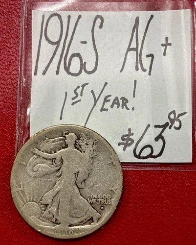1916-S Walking Liberty Half Dollar (AG+) About Good Cond. “First Year” ENN Coins