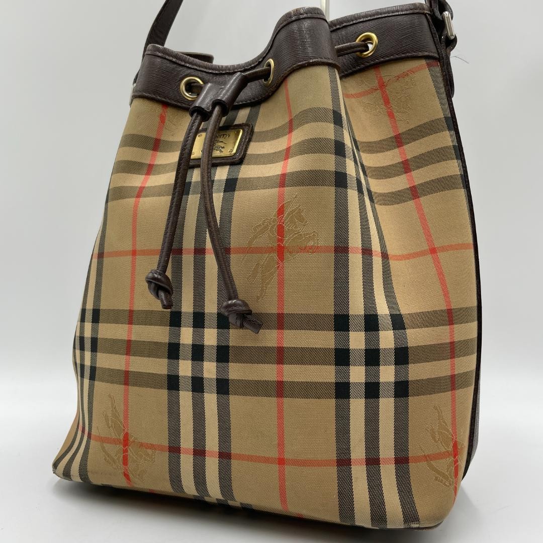 BURBERRY Nova Check Canvas Brown Drawstring Shoulder Crossbody Bag
