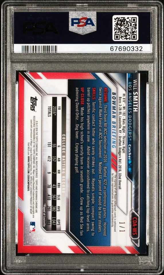2016 Bowman Chrome Will Smith Black Wave Refractor 1/1 RC Rookie 1stBowman PSA 9 - Image 2 of 3
