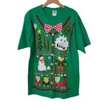 Ugly Christmas T-Shirt Fruit Of The Loom Cats Snowman Elf Yeti Bowtie Large NEW 