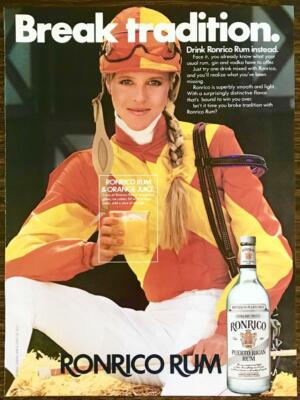 1981 Ronrico Rum PRINT AD Break Tradition Blonde Model Jockey Braid Rum & OJ
