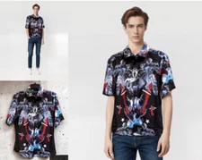 Mens Small Barry Wang Button Front Shirt Robots Elephant Short Sleeve Polyester 