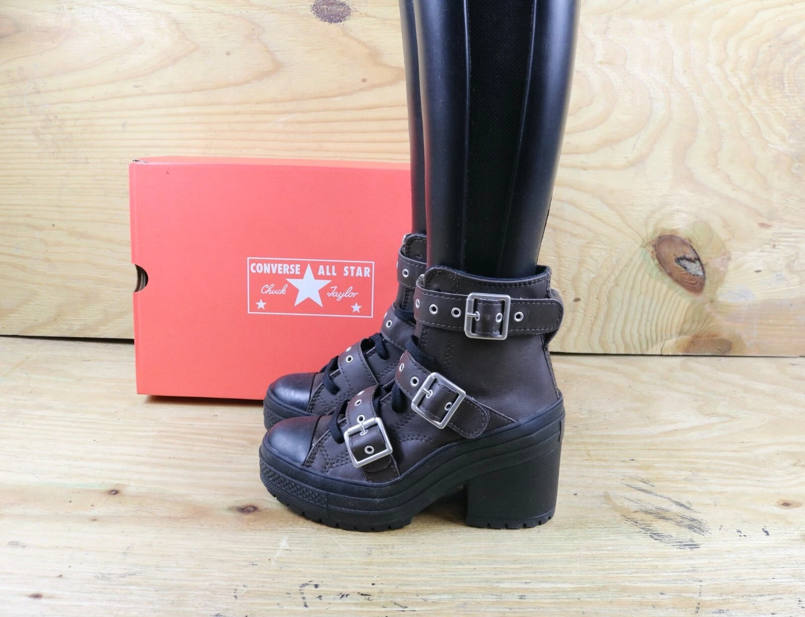 Stivali Converse Marrone Nero Pelle 6 Chuck 70 DE Luxe Tacco HI Caviglia Biker Nuovi