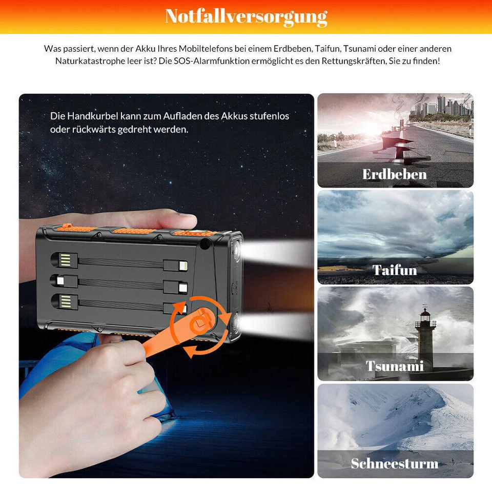 30000mAh PD20W Hand Crank Solar Power Bank Charger Built in Cables Fast Charging - Image 4 of 4