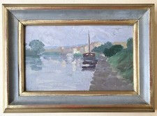 Georges Barriera (1881-1944) Quadro Antico Olio Paesaggio Nave Battello 1906