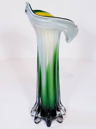 Art Glass Tulip Vase Jack In The Pulpit 11 1/2" White Green Yellow - Picture 6 of 11