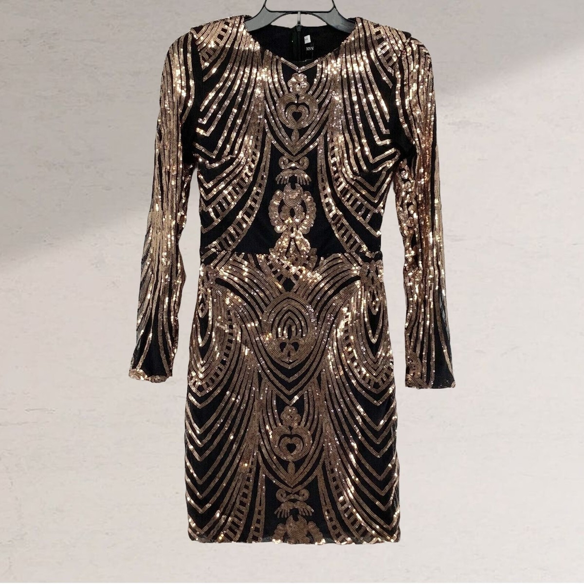 BLACK COPPER GOLD SEQUIN GEOMETRIC PATTERN LONG SLEEVE BODYCON