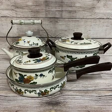 Vtg Enamelware Cookware Pans Tea Kettle 7-piece Set Mid Century European Design