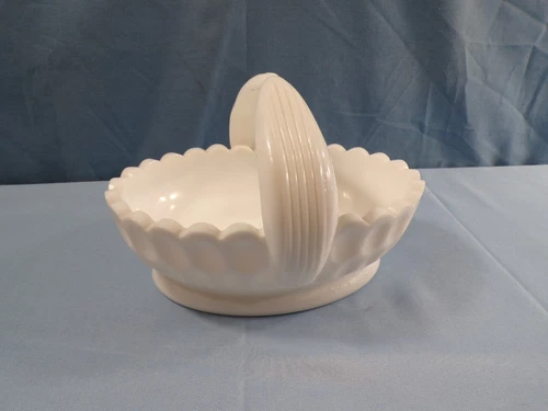 Fenton White Milk Glass Oval Split Handle Thumbprint Basket