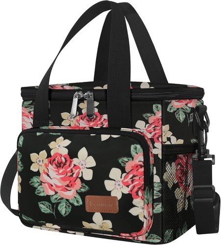 Femuar Insulated Lunch Bag Cooler Bag w/ Adjustable Shoulder Strap Black Floral