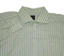 Ike Behar New York Men's Size - 17 Green Striped Long Sleeve Cotton Button Up 35