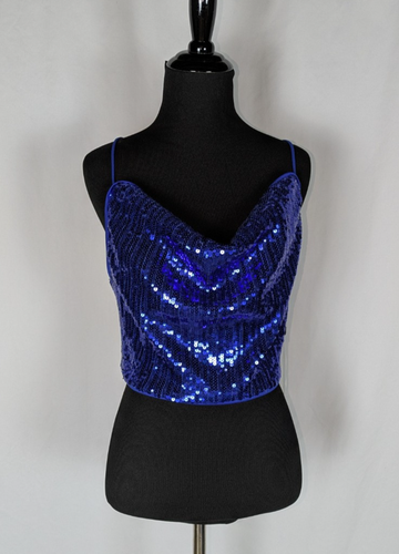 Neu mit Etikett Haute Monde bauchfreies Oberteil M Damen blau Pailletten Wasserfallausschnitt hinten Disco Club 70er