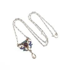 Antique Austro Hungarian Solid Silver Pendant  Amethyst Paste Necklace Enamel