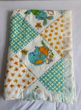 VTG 70s Blair Baby Blanket Green Orange Animals Satin Trim Flannel Tag Acrylic