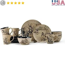 Lodge Style 16 Piece Dinnerware Set Animal Print Service Four Stoneware New