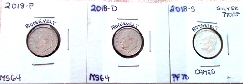 2018-P MINT STATE / 2018-D MINT STATE / 2018-S SILVER PROOF ROOSEVELT DIMES
