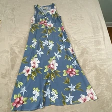Paradise Found V-Neck Maxi Dress Gray Floral Rayon Hawaii Made Sz L Sleeveless