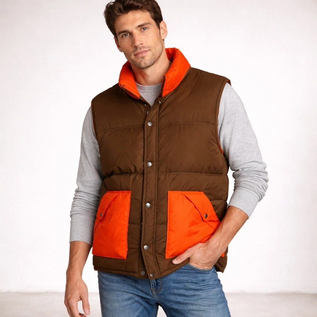 Vintage Brown Orange Puffer Vest Pioneer Sportswear Down Insulated Medium