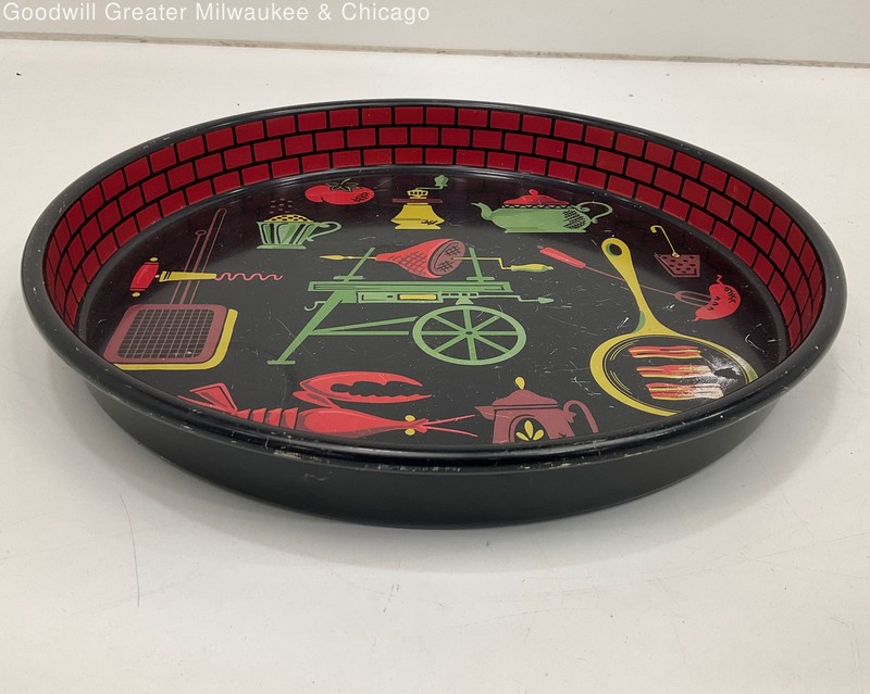 Vintage Black and Red Serving Tray w/Food Motif