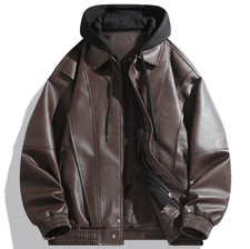 Mens Full-Zip Faux Leather Hooded Motorcycle Jacket Outdoor Casual Wear PU Coat
