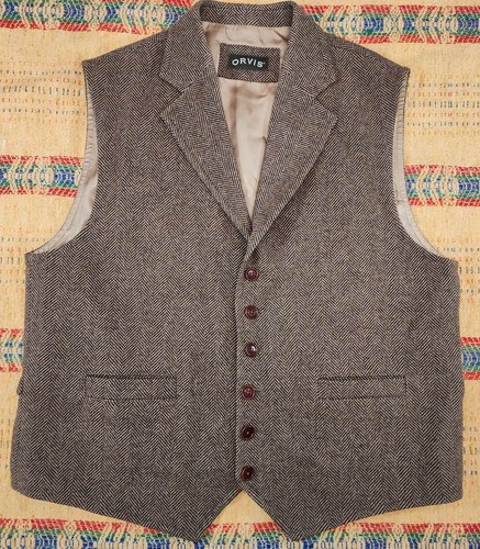 ORVIS 100% Wool Herringbone Tweed Vest Button Belted Western Waistcoat Men's L